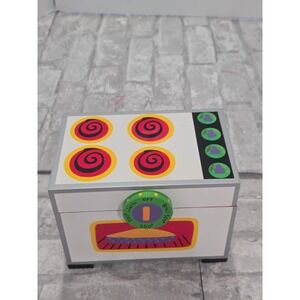 Wooden Hand Painted Whimsical Recipe Box Colorful Stove Pie Oven w/ cards